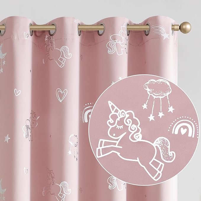 jinchan Pink Blackout Unicorn Curtains for Girls Kids Room Thermal Insulated Room Darkening Rainbow Curtains for Girls Bedroom Living Room Silver Foil Printed Grommet 63 Inches Long Pink 2 Panels