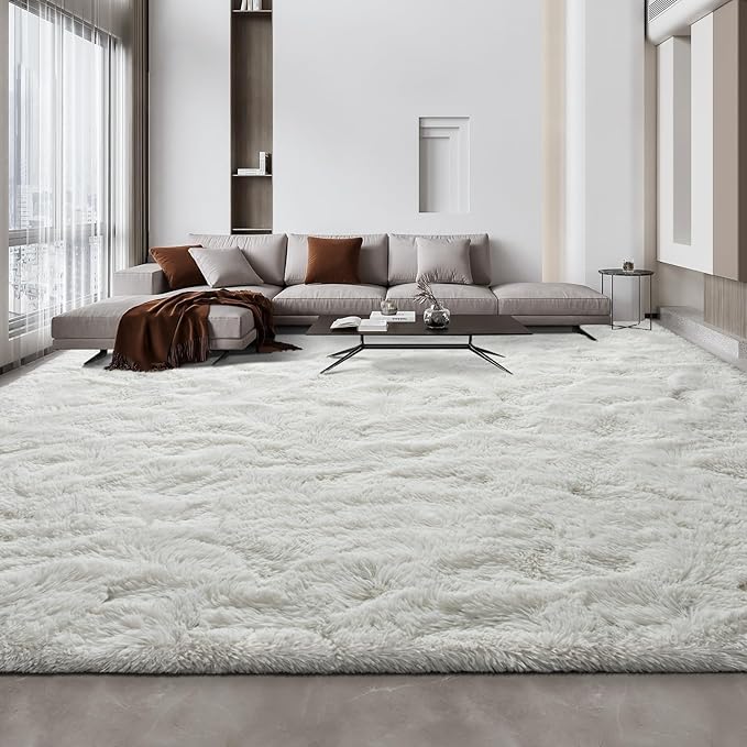 Large Shag Area Rugs 10 x 14, Tie-Dyed Plush Fuzzy Rug for Living Room, Ultra Soft Fluffy Furry Rugs for Bedroom, Anti-Skid Indoor Carpet Nursery Rugs for Kids Room Home Decor, White