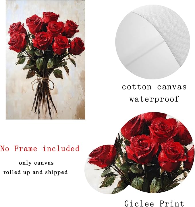 Vintage Flower Canvas Wall Art Red Rose Painting French Country Flowers Prints Farmhouse Rose Poster Floral Still Life Prints Retro Flower Botanical Painting Red Floral Posters 16x24inch Frameless