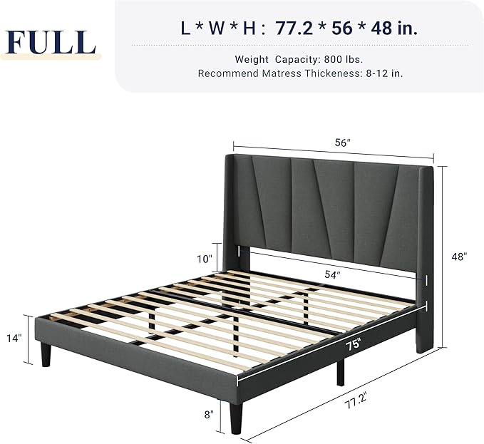 Allewie Full Size Platform Bed Frame with Geometric Wingback Headboard, Boho Upholstered Bed with Wooden Slats Support, No Box Spring Needed, Easy Assembly, Dark Grey
