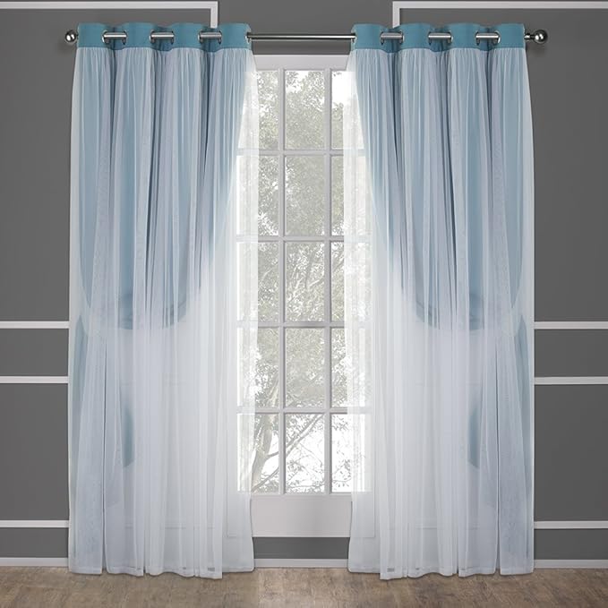 TOWN & COUNTRY LUXE Talia Double Layer Indoor Curtains, Sheer and Room Darkening Blackout, Grommet Top, Energy Efficient, 2-Pack Set, 52"x108", Turquoise
