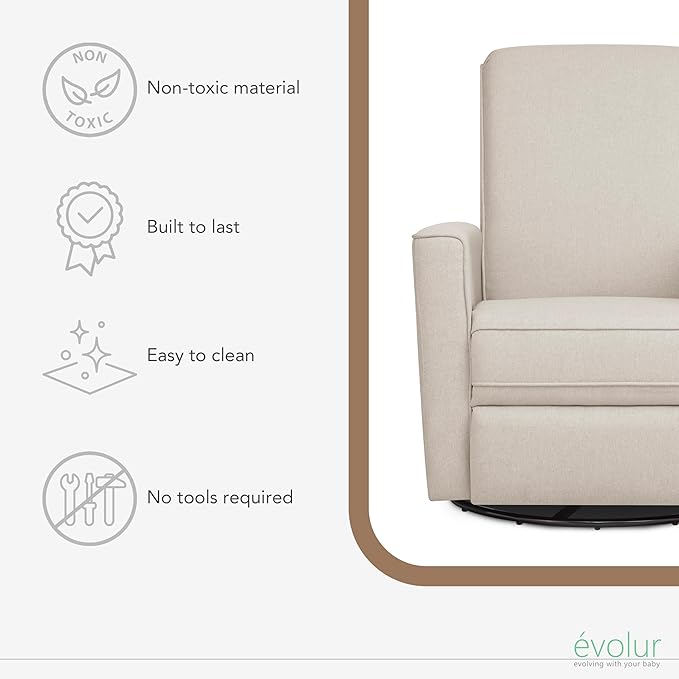 Evolur Harlow Upholstered Power Glider Recliner with USB Charging – Rocking & 275° Swivel with Smooth Glide – Greenguard Gold & FSC Certified – Modern Nursery and Living Room Chair in Light Sand