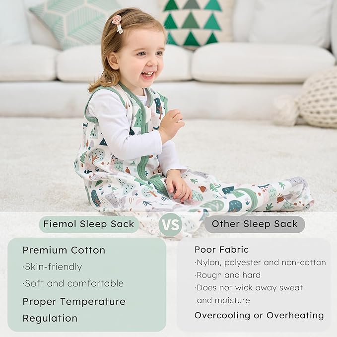 Baby Sleep Sack 12-18 months, 100% Cotton Sleeping Sack for Newborn and Infant, 3 Pack Baby Wearable Blanket for Boy and Girl, 0.5 Tog Lightweight Double Zipper Sleep Bag Green Apricot Bear