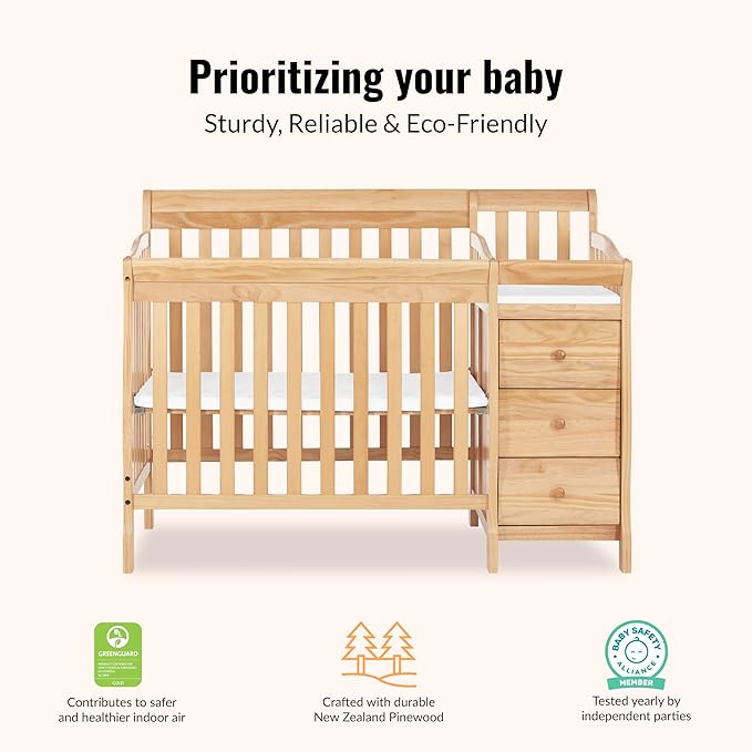 Dream On Me Jayden 4-in-1 Mini Convertible Crib And Changer in Natural, Greenguard Gold Certified, Non-Toxic Finish, New Zealand Pinewood, 1" Mattress Pad