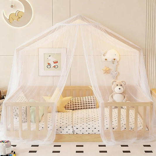 Full Size House Bed for Kids, Low Profile Full Montessori Bed with High Railings, Wood House Shape Montessori Beds with Light & Roof for Kids, Natural