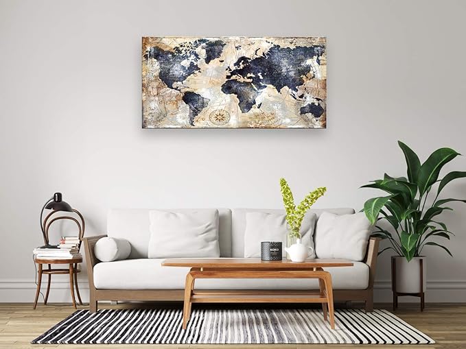 Vintage World Map Wall Art for Office World Map Poster Canvas Prints with Your Photos Nautical Decor Modern Framed Art Map of The World Wall Decor for Living Room Travel Memory Home Decor