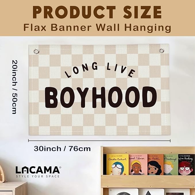 Lacama Long Live Boyhood Boys Room Decor, Linen Banner Wall Hanging Banner Flag Decor for Toddler Boy Room Nursery, Wall Hanging Flag 30x20 Inch