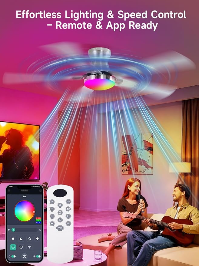 52 Inch Ceiling Fans with Lights, RGB Ceiling Fan with Remote and App,Flush Mount Low Profile, Dimmable 35W LED, Reversible, Smart Ceiling Fan for Bedroom Nursery Living Room Apartment,Nickle