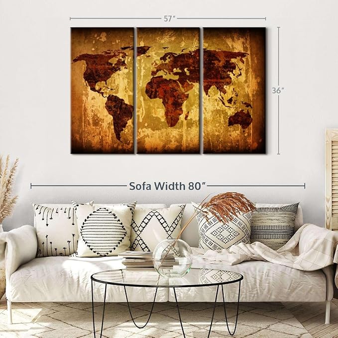 ElephantStock Vintage World Map Wall Art Multi Piece Canvas - 3 Piece Canvas World Map Wall Decor - Wall Decor - Ready-to-Hang Print - Vintage Wall Art - 57" X 36"