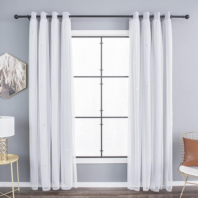Kinryb Kids Star Cutout Curtains for Bedroom/Living Room/Classroom,2 Free Tiebacks Sheer Overlay 95 Inches 2 Panel Set, Double Layer Curtains for Kids Room(W52xL95 Inches,Greyish White 2 Pcs)