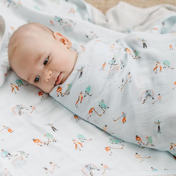 Loulou Lollipop Muslin Swaddle Blanket, 70% Rayon from Bamboo, 30% Cotton, Ice Hockey, 18-24 Months
