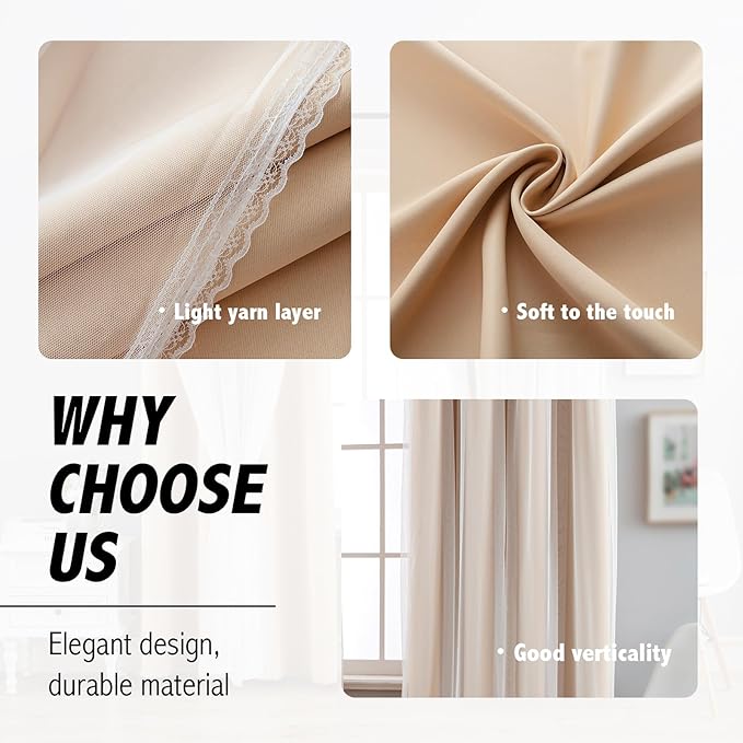 Anytime Home Curtains Blackout and Sheer Layered Solid Window Curtain Panel Pair with Grommet Top, 52Wx63L,Beige