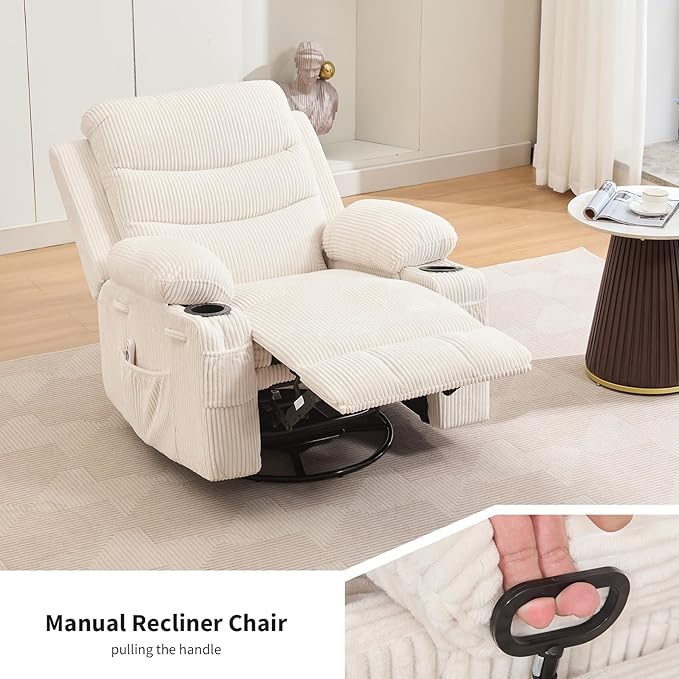 Recliner Chair Nursery, Oversized Manual Reclining Rocking Chair, 360 Swivel Glider with Cup Holder, Massage and Heat Recliner, Indoor Small Single Sofa Chairs for Adults, RV, Bedroom, Corduroy Beige