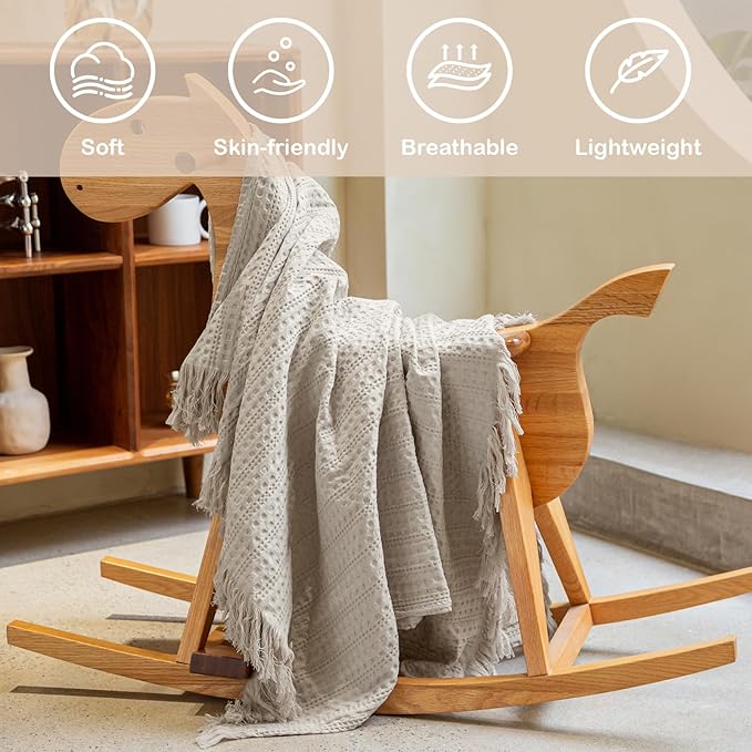 100% Cotton Waffle King Blanket with Fringe 104"x90", Pre-Washed Waffle Weave Blanket for All Season, Lightweight Breathable Soft Cozy Throw Blanket for Couch, Bed, Travel (Beige)
