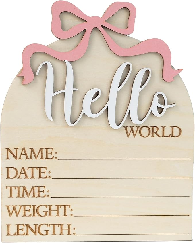 Baby Announcement Sign 6.5 Inch Wooden Hello World Newborn Welcome Sign Birth Name Plaques for Photo Props Shower Hospital Nursery (Wood Bow)
