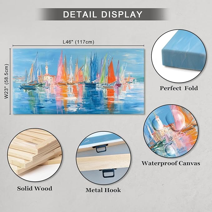 Nautical Sailboat Wall Art for Living Room Blue Ocean Theme Canvas Print Modern Abstract Coastal Picture Cityscape Painting Colorful Venice Coastal Scene Seaside Bedroom Bathroom Artwork 23x46inch