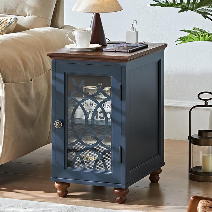 Narrow Side Table with Charging Station, Night Stand with Glass Door, Bedside End Tables with Adjustable Shelf Storage Cabinet,Wood Nightstand for Small Spaces Living Room Bedroom