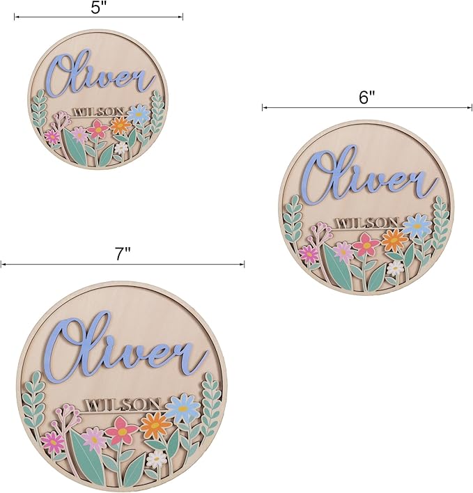 Personalized Birth Announcement Sign for Hospital, UV Printed Wooden Floral Baby Name Sign, Newborn Announcement Sign Disc (Design 02)