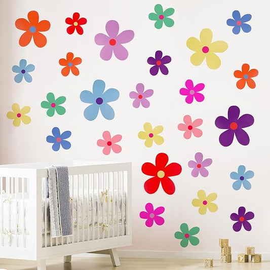 12 Sheets Daisy Wall Decals, Bright Colors Floral Wall Decor, Cute Flowers Wall Stickers, Vinyl Peel and Stick Flowers Stickers for Kids Girls Nursery Bedroom Living Room