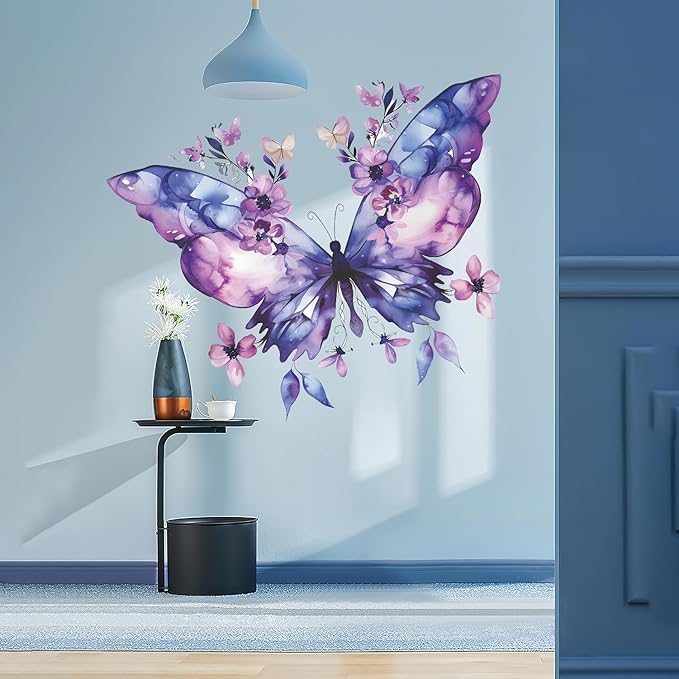 Purple Butterfly Flower Wall Decals Large Blue Butterfly Stickers Colorful Art Decal Removable Peel and Stick Butterflies Wall Decor for Kids Girls Bedroom Nursery Bathroom Decorations