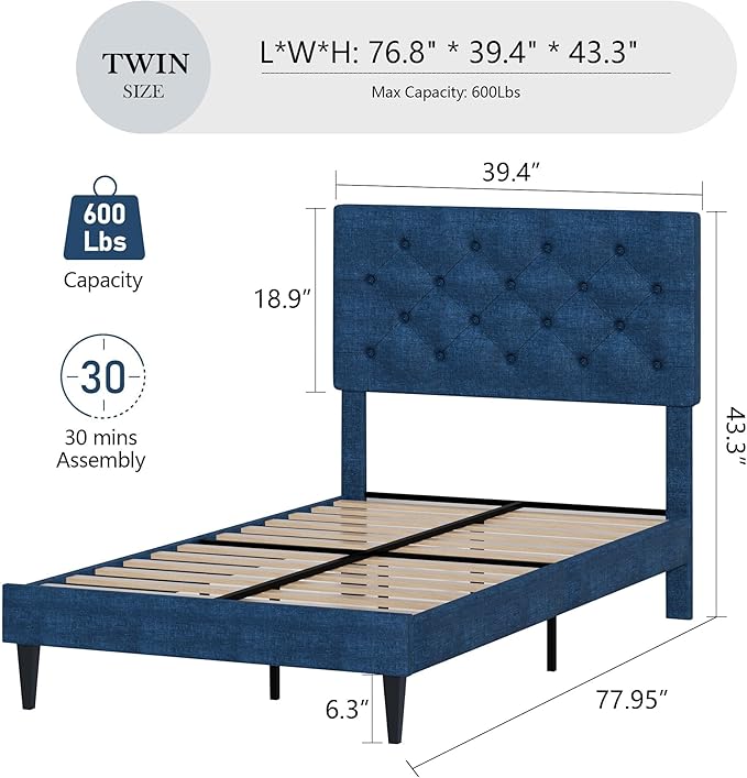 BarnFurin Twin Bed Frames with Button Tufted Headboard, Linen Upholstered Platform Bed with Wooden Slats Support, Easy Assembly, No Box Spring Required, Navy Blue