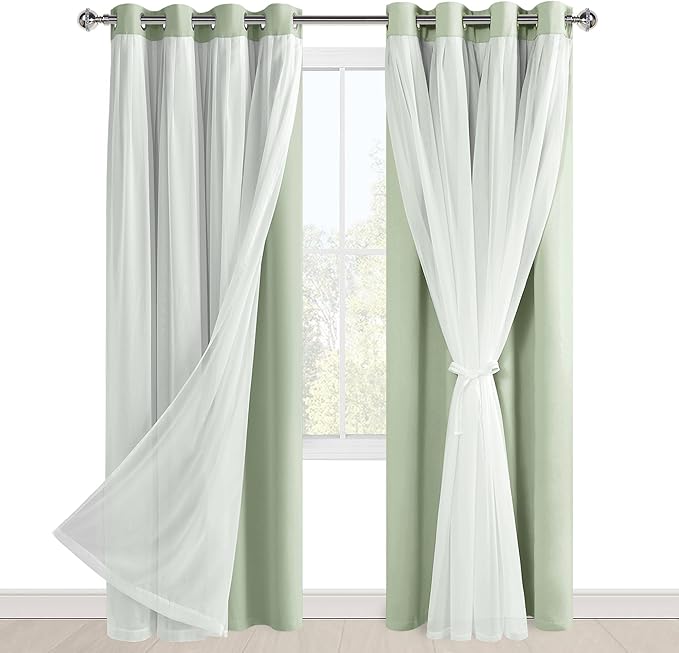 Hiasan Blackout Curtains with Sheer Overlay, Thermal Insulated Mix & Match Double Layer Room Darkening Curtains for Bedroom, Living Room, Nursery, 2 Window Panels with Tiebacks, Seafoam, 52W X 84L