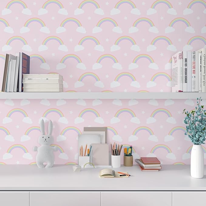 CHIHUT Cute Whimsical Rainbow Clouds Wallpaper Soft Pink Colorful Rainbows Clouds Stars Wallpaper for Kids Room Peel and Stick Wall Paper Self Adhesive Removable Contact Paper for Cabinets 17.7”x236”