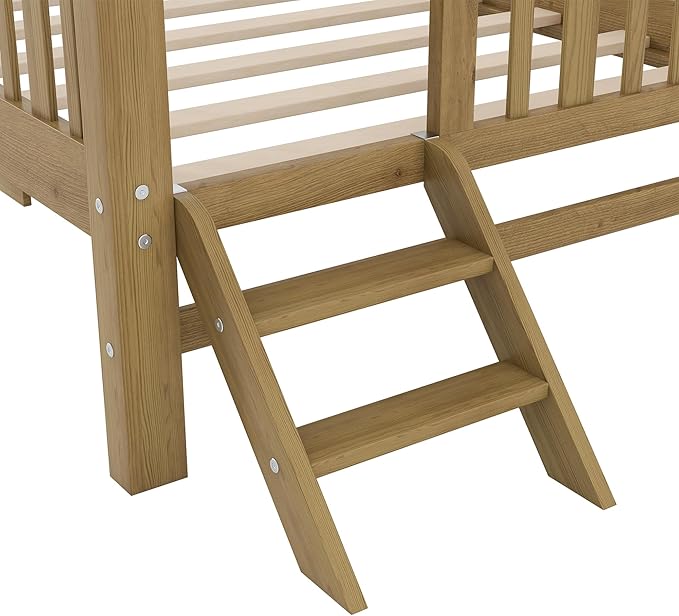 Twin Size Platform Bed with Guardrail and Trundle, Wood Kids Platform Bed Frame with Two-Step Ladder for Boys Girls, Sturdy Slats Support (Walnut-1.26T)