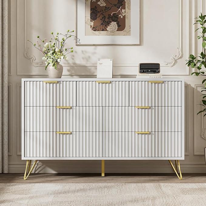 LYNSOM Fluted Dresser for Bedroom, White 7 Drawer Dresser with Gold Handles and Wide Drawers, Wood Chest of Drawers for Bedroom, Hallway