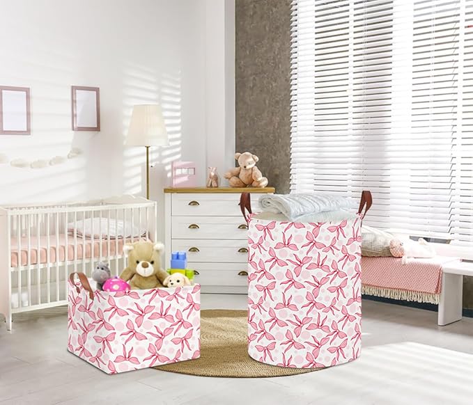 Laundry Hamper,Laundry Basket,Baby Nursery Hamper,Waterproof Storage Bin,Clothes Organizer Basket,Room Decor(Pink Bowknot)