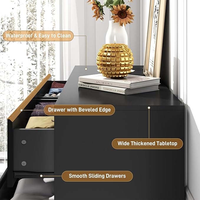 Black Malm High Gloss Dresser for Bedroom, 47" Wide 41" Tall Dresser with 8 Drawers, Modern Large Wood Chest of Drawer Handle Free, Living Room, Entryway, Hallway, Black