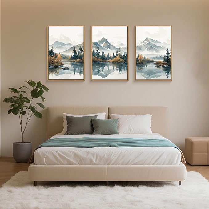 HLNIUC Winter Christmas Mountain Wall Art Framed,Large White Snowy Forest Decor Set of 3 (16"x24"), Watercolor Nature Lake Foggy Landscape Canvas Painting for Living Room, Bedroom, Office