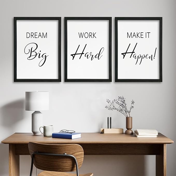 YWJKWLGS Motivational Wall Decor for Office & Home 16x24 Inch Set of 3 Inspirational quotes Wall Art Wood Frame Hanging Dream Big Work Hard Make It Happen positive affirmations Sign (Black)