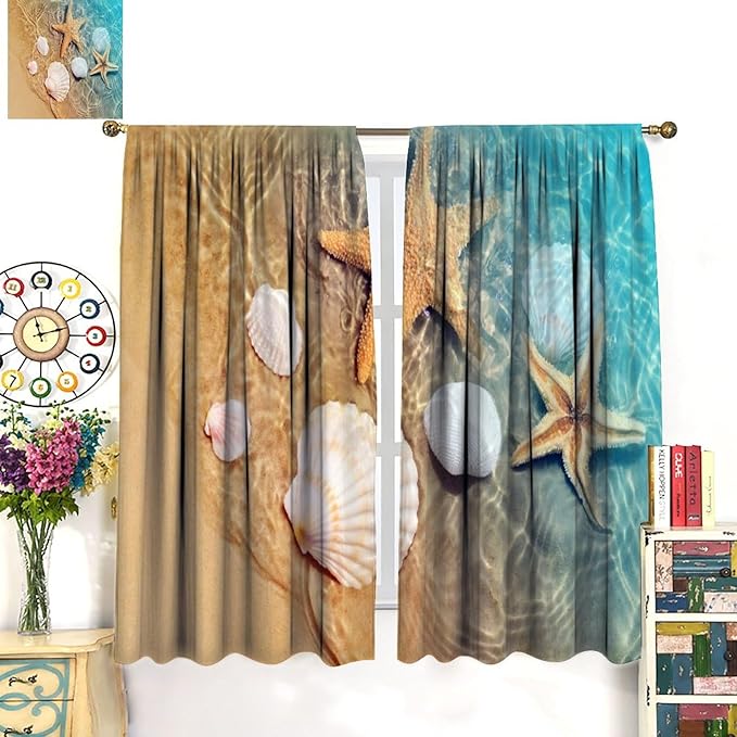 Beach Curtain for Bathroom Decor，Sea Turtle Starfish Seashell Nautical Ocean Coastal Scenery Art Printed Fabric Polyester Waterproof Set 2 Panels,72x63 Inches