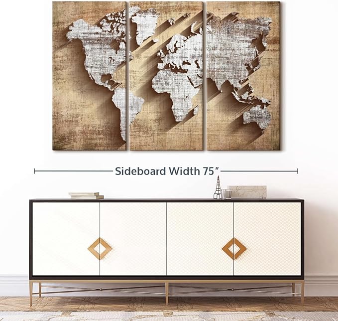 ElephantStock Dimensional World Map II Multi Piece Canvas - 3 Piece Canvas World Map Wall Decor - Wall Decor - Ready-to-Hang Print - Vintage Wall Art - 65" X 42"