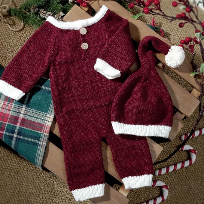 Newborn Christmas Outfit Boy Red Knit Romper & Santa Baby Hats, 1st Christmas Baby Boy Photoshoot Outfits Photo Props