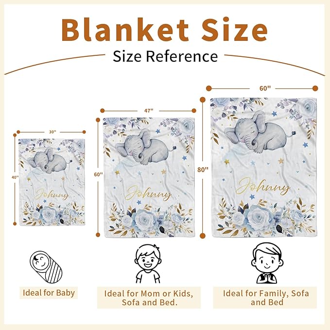 Personalized Baby Blanket for Boys Girls, Custom Baby Blanket with Name, Flannel Blue Elephant Blanket Personalized Gifts for Kids Newborn Infant, Ideal for Birthday Baby Shower(60" x80)