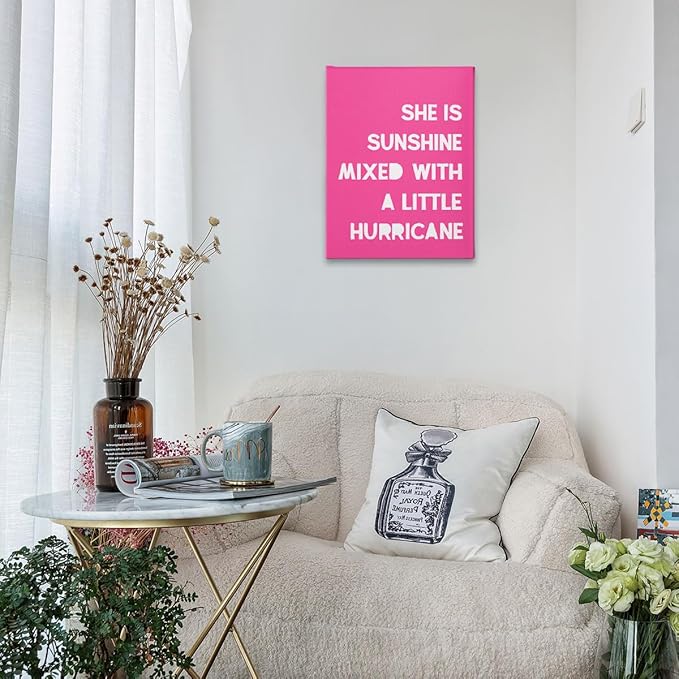 PHAMTE Girls Bedroom Wall Decor, She Is Sunshine Mixed With a Little Hurricane Girls Room Wall Art,Sunshine Print Framed Canvas Painting Artwork Girl Room Bedroom Home Nursery Playroom（Pink）