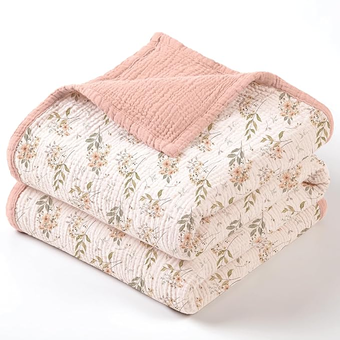 lulumoon Muslin Baby Blanket for Girl: Lightweight Cotton for Newborns - Soft Nursery Blanket for Stroller 47"×47"（Pink Floral）
