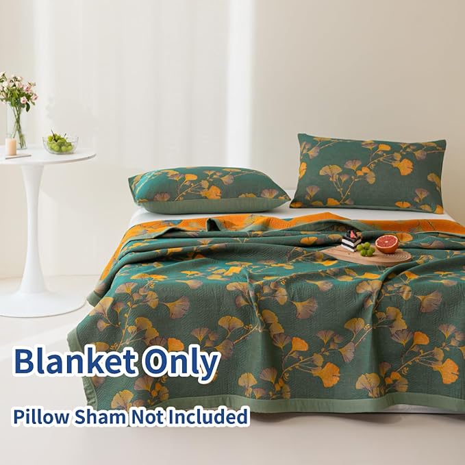 100% Cotton Jacquard Quilt Floral Ginkgo Leaves Print,Soft Muslin Bed Cover 3 Layers Reversible Bedspread Coverlet Breathable Lightweight Bedding,Twin(59"x94"), No Pillow Sham