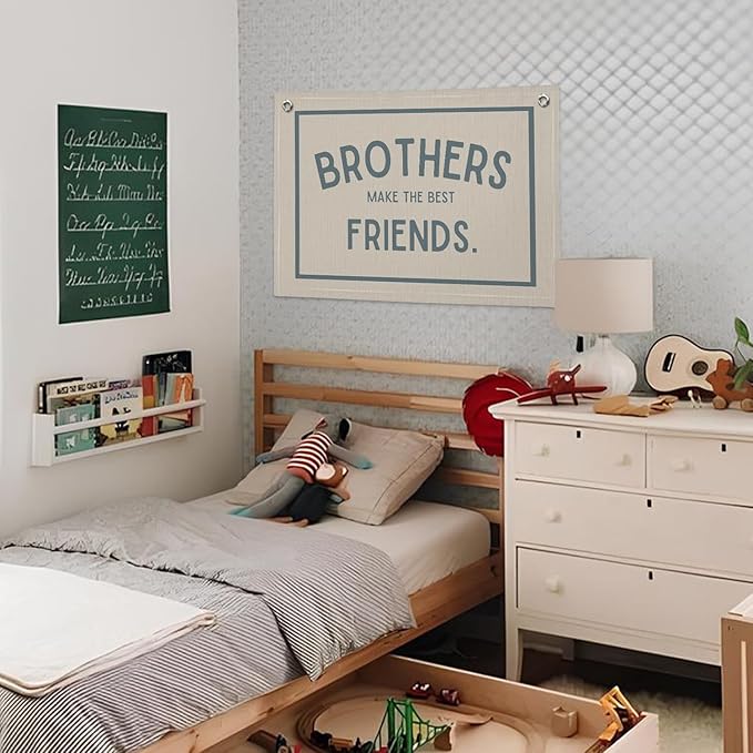 Brothers Make The Best Friends Banner, Boys Room Decor, Toddler Boy Room Decor, Linen Banner Wall Hanging Banner Flag Decor for Nursery Playroom 20x30
