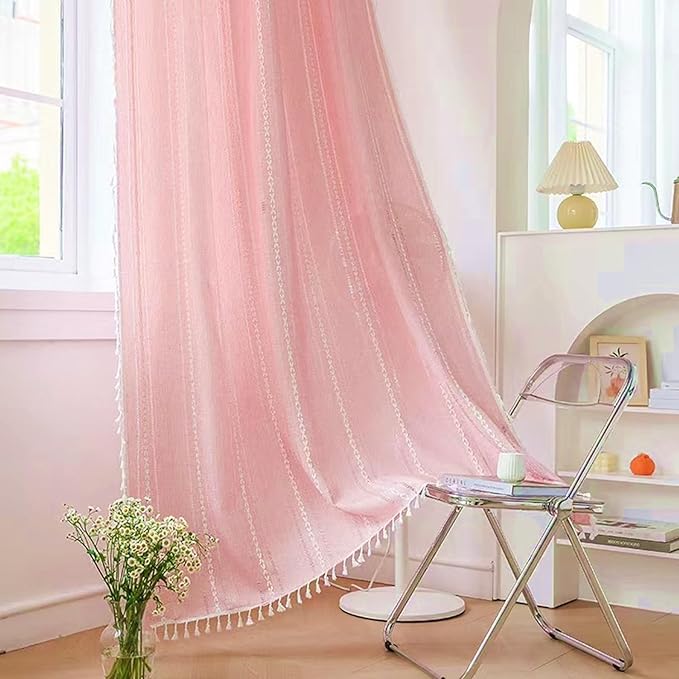 Deeprove Pink Boho Linen Curtains 63 inches Length for Baby Teenage Girl Bedroom Living Room Dining Nursery, Hollow Semi Sheer Curtains Darkening Embroidery Drape Window Treatment, 1 Panel W52 x L63