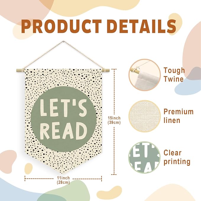 Let's Read Sage Green Banner, Boho Classroom Decor, Trendy Black Dots Wall Hanging Pennant Flag Banner Decor for Reading Corner Nook