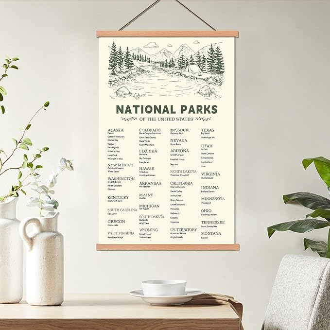 KAIRNE US National Park Checklist Poster,Park Posters for Travel Sign With Wooden Hanging Framed(40CMx75CM),Inspirational Rustic Decor,National Park Map Posters Gift for Hiker or National Park Lover