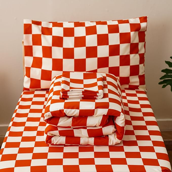 KAREVER Grid Toddler Bedding Set Orange White Checkered 4 Pieces Crib Bed Set Kids Pliad Comforter Set