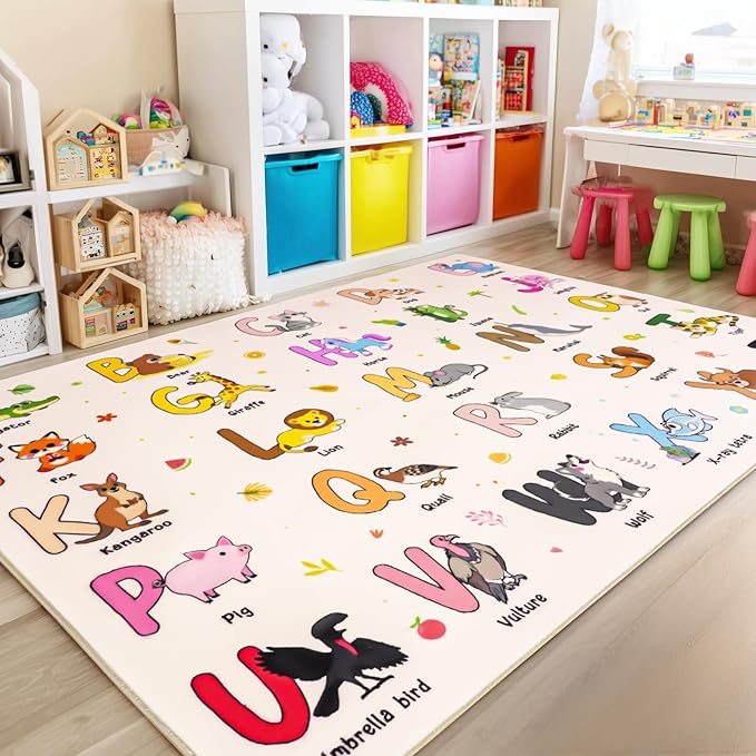 Kids Rugs for Playroom, 7x9 Feet Educational Rug for Learn The ABC Alphabet, Soft Machine Washable Non-Slip Cute Cartoon Animals Carpet for Classroom Toddler Nursery Kids Room Decor, Beige
