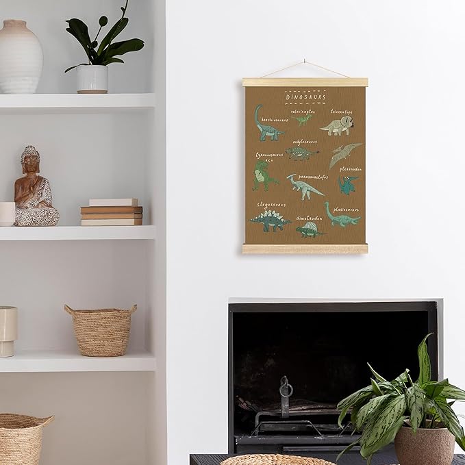 BCUANGD Dinosaur Dino Wall Decor - Brown Baby Toddler Boys Room Wall Art Poster Hanger with Wood Frames, Inspirational Wall Hanging Canvas Decor for Kids Room Nursery Bedroom, 12x16 Inches