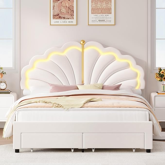 Keyluv Queen Princess Bed Frame with Storage Drawers, Soft Velvet Upholstered LED Platform Bed with Adjustable Modern Shell Headboard, No Box Spring Needed, Noise-Free, Beige