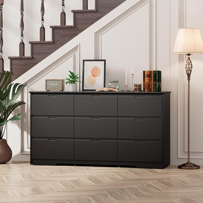 CARPETNAL 9 Drawer Black Dresser for Bedroom with Deep Drawers, Large Dressers & Chest of Drawers Handle Free, Modern Long Dressers for Closet Bedroom, Living Room (59.25" W x 15.9" D x 31.9" H)