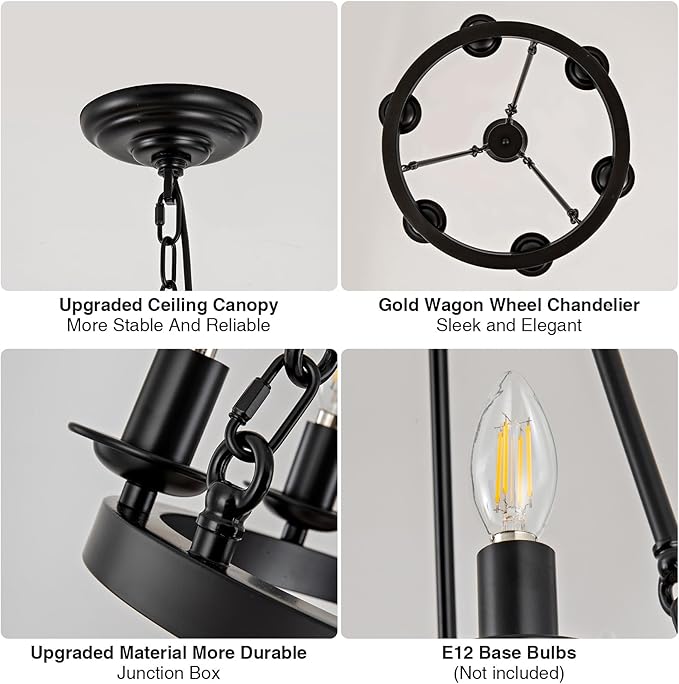 Wagon Wheel Chandelier, 6-Light Black Round Modern Farmhouse Chandelier with Adjustable Height Hanging Island Light Fixture for High Ceiling Dining Room, Kitchen, Living Room, Entryways, Foyer